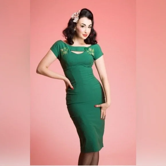 Bettie Page | Dresses | Bettie Page Las Vegas Green Wiggle Dress With  Floral Embroidery Size Xxl | Poshmark
